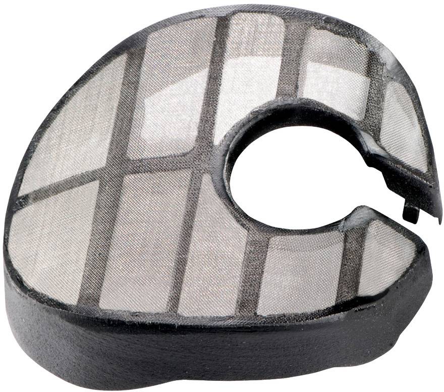 Filtre à air en mousse en forme de C avec grille à mailles, présenté isolé sur un fond blanc.