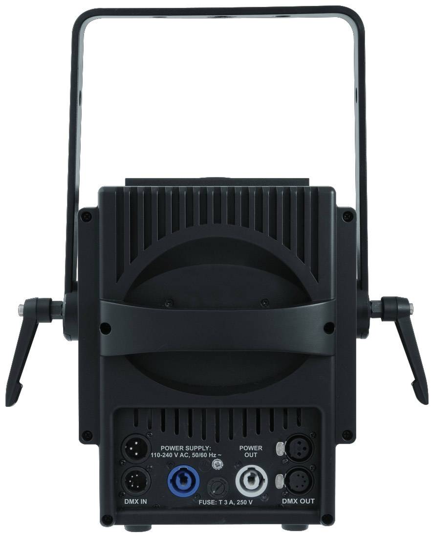 Vue arrière d'un projecteur de scène avec connexions pour l'alimentation électrique, entrées et sorties DMX. Texte : 'Alimentation', 'DMX ENTRÉE', 'DMX SORTIE'.