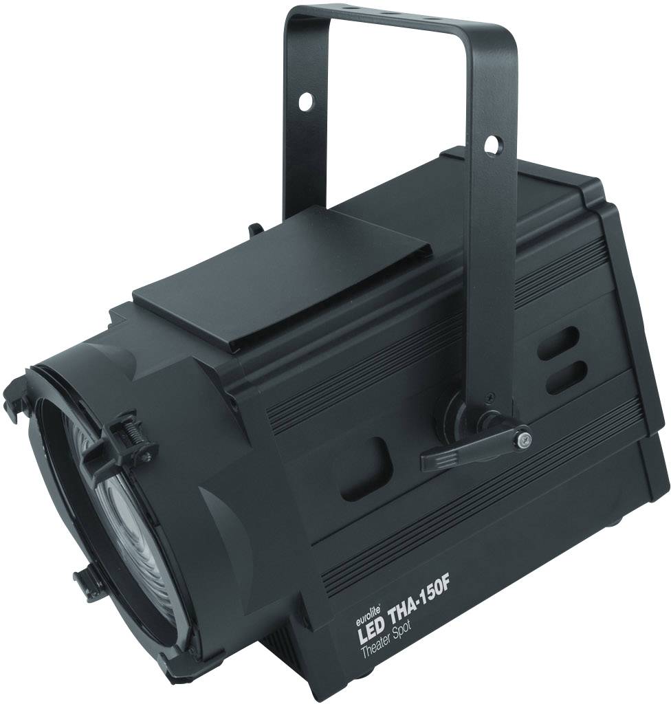 Projecteur de théâtre LED noir avec boîtier robuste et poignée de transport, adapté à l'éclairage de scène.