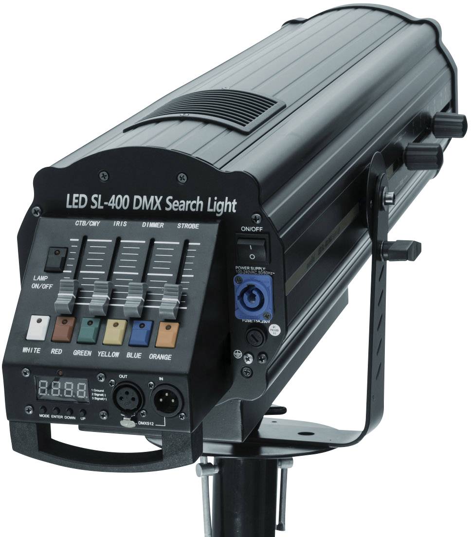 Projecteur LED noir avec touches de commande et connexions. La face avant présente des panneaux de contrôle pour différentes couleurs de lumière.