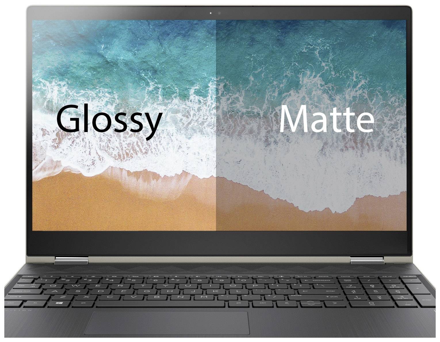 Un écran d'ordinateur portable affiche une plage, avec un côté gauche au fini brillant et un côté droit au fini mat, pour illustrer leurs différences.