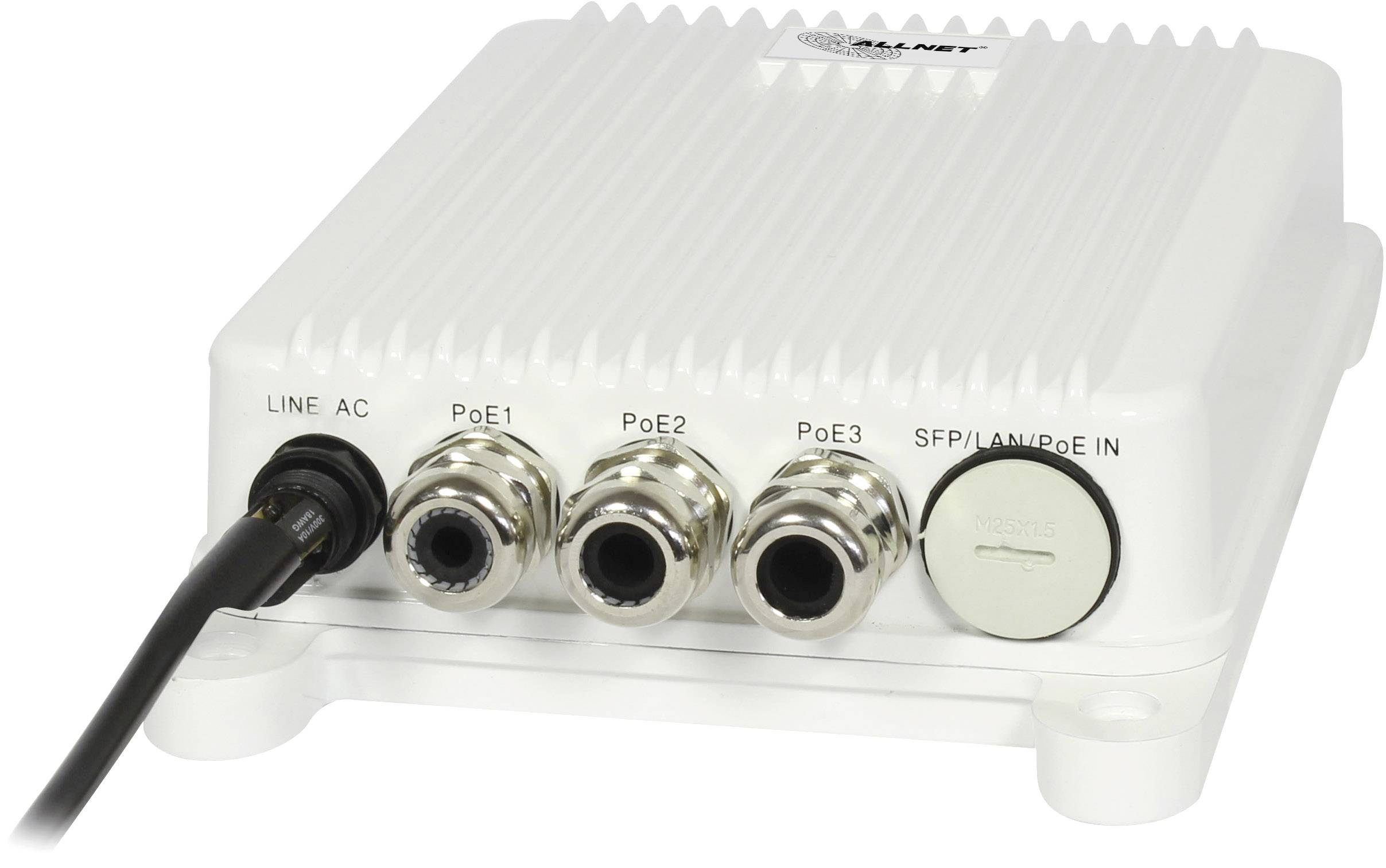 Un appareil technique blanc avec quatre ports, dont trois sont étiquetés 'PoE1', 'PoE2' et 'PoE3'. Un câble est branché sur la gauche.