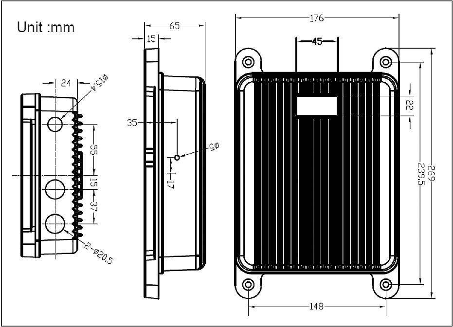 Dessin technique d'un dispositif électronique rectangulaire avec des ailettes de refroidissement, dimensions détaillées en millimètres.