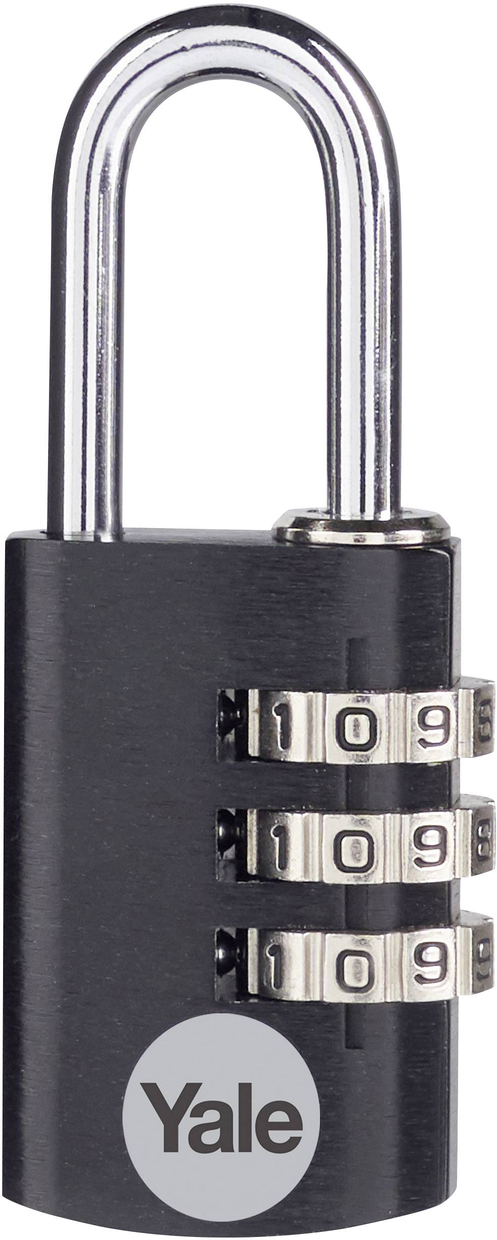 Un cadenas noir à trois roues numériques, réglé sur '109', avec un arceau en métal argenté en haut. Logo 'Yale' sur le bord inférieur.