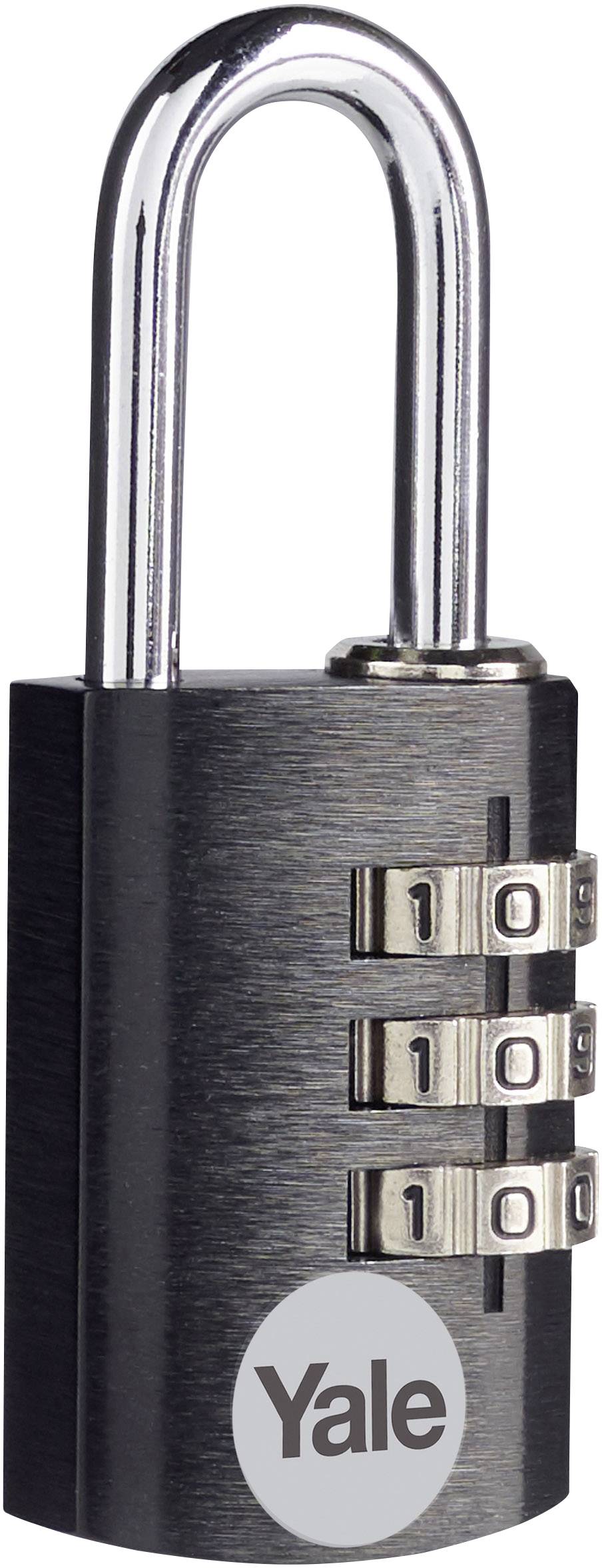 Cadenas noir à trois roues numériques pour régler la combinaison. Nom de marque 'Yale' gravé en bas.