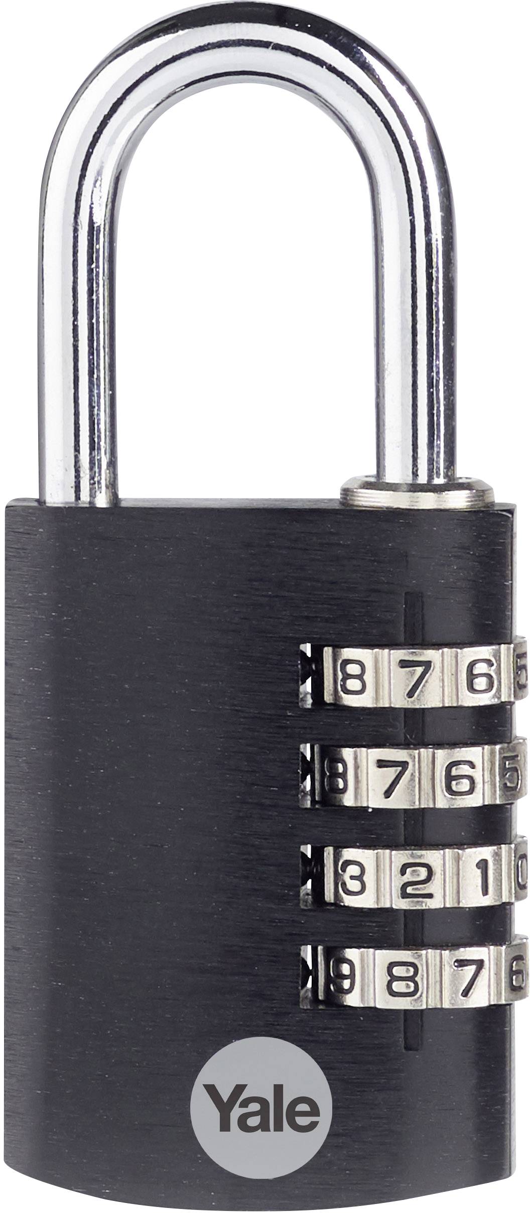 Un cadenas noir à combinaison de quatre chiffres, partiellement visible. Il porte le logo 'Yale'.