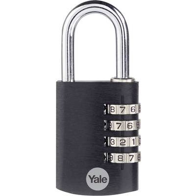 Un cadenas noir à combinaison de quatre chiffres, partiellement visible. Il porte le logo 'Yale'.