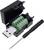 Connecteur USB à boîtier ouvert montrant une barrette de connexion verte pour les raccordements de fils. À côté se trouve un petit tournevis.