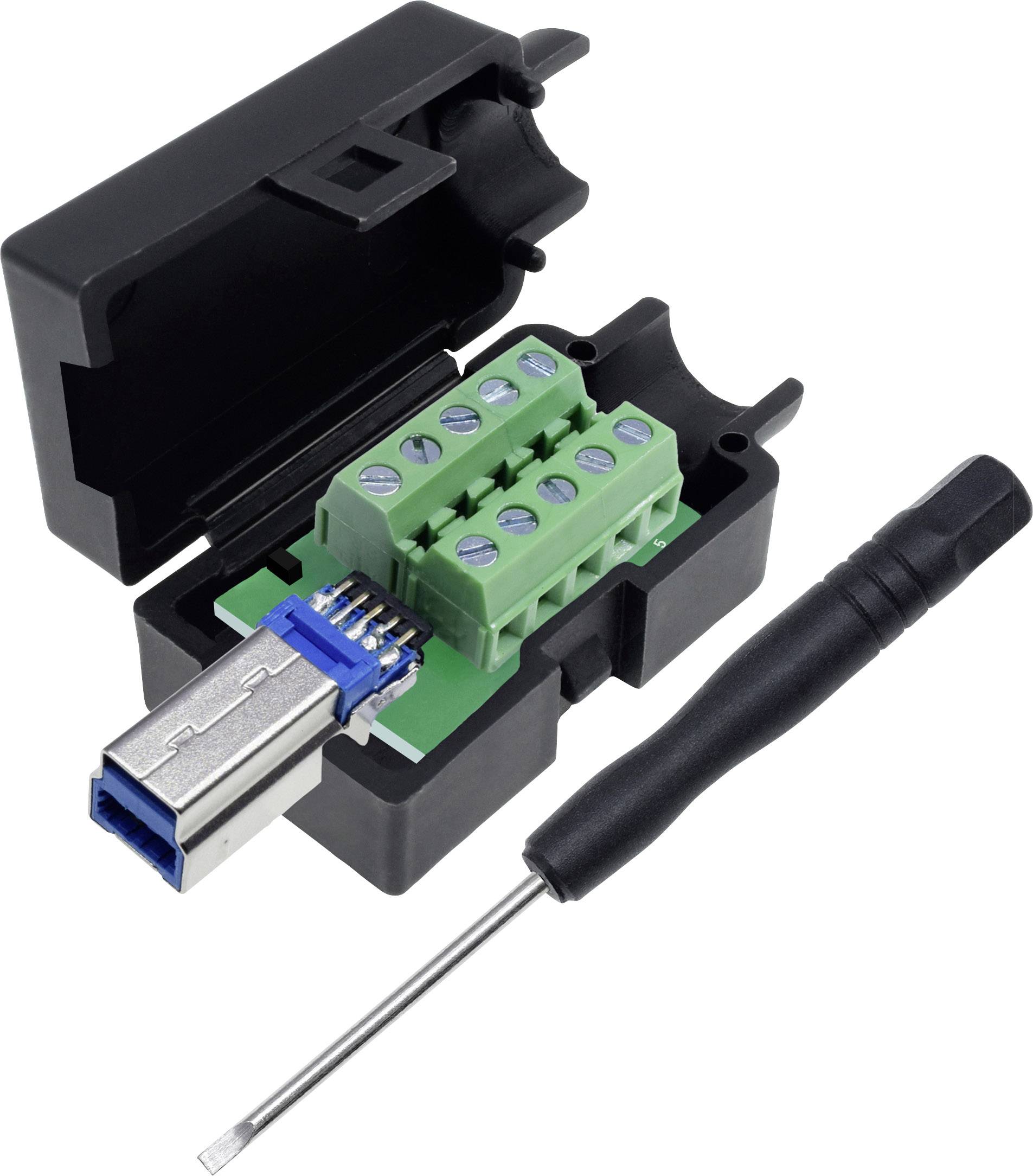Connecteur USB avec capuchon amovible en plastique noir, bornier vert et petit tournevis pour le montage.