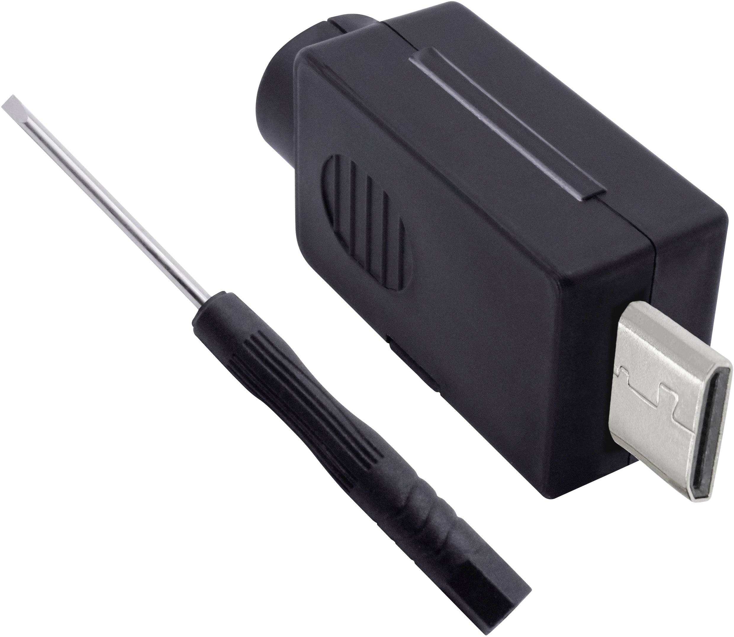 Un adaptateur noir avec une fiche USB à côté d'un petit tournevis, sur un fond blanc.