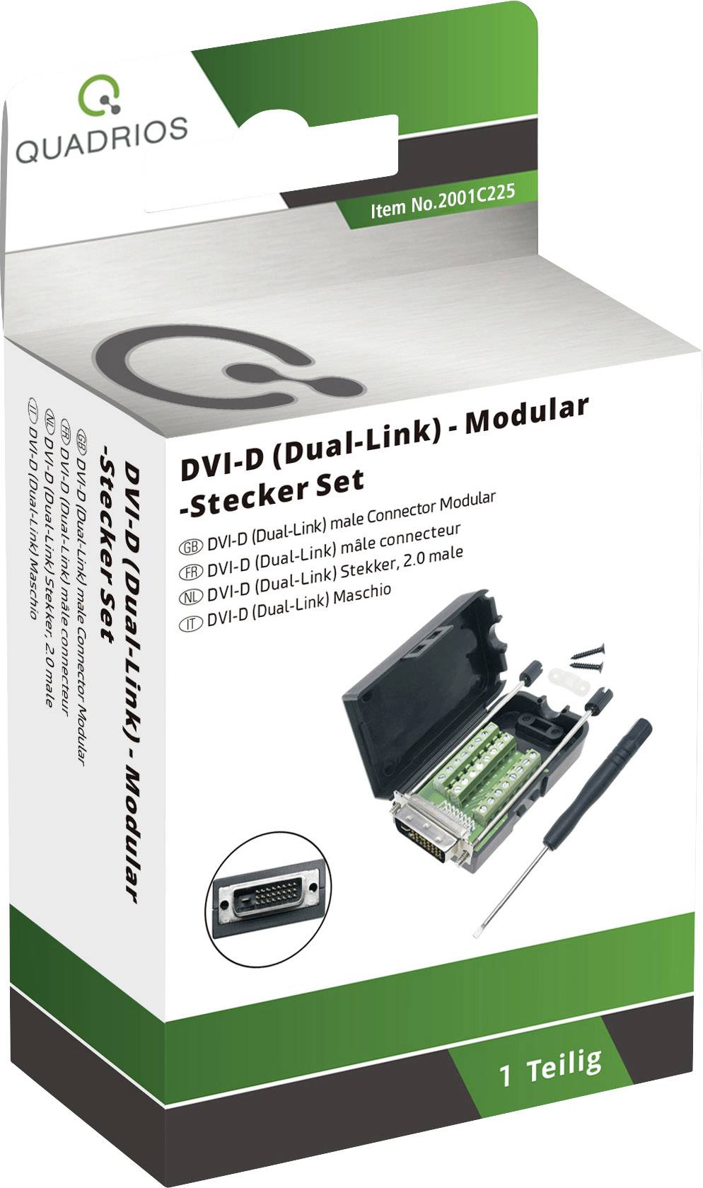 Emballage d'un ensemble de fiches modulaires DVI-D (Double Liaison) de Quadrios. Comprend une fiche DVI-D et un outil de montage, réf. 2001C225.