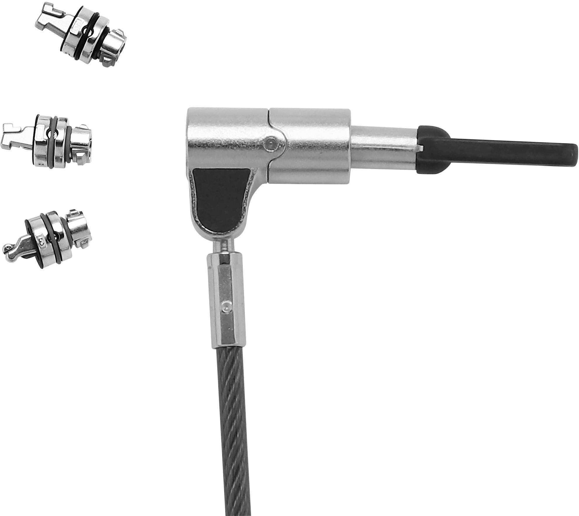 Un adaptateur d'angle en métal avec trois embouts interchangeables sur le côté gauche. Il sert de connexion vissée flexible.