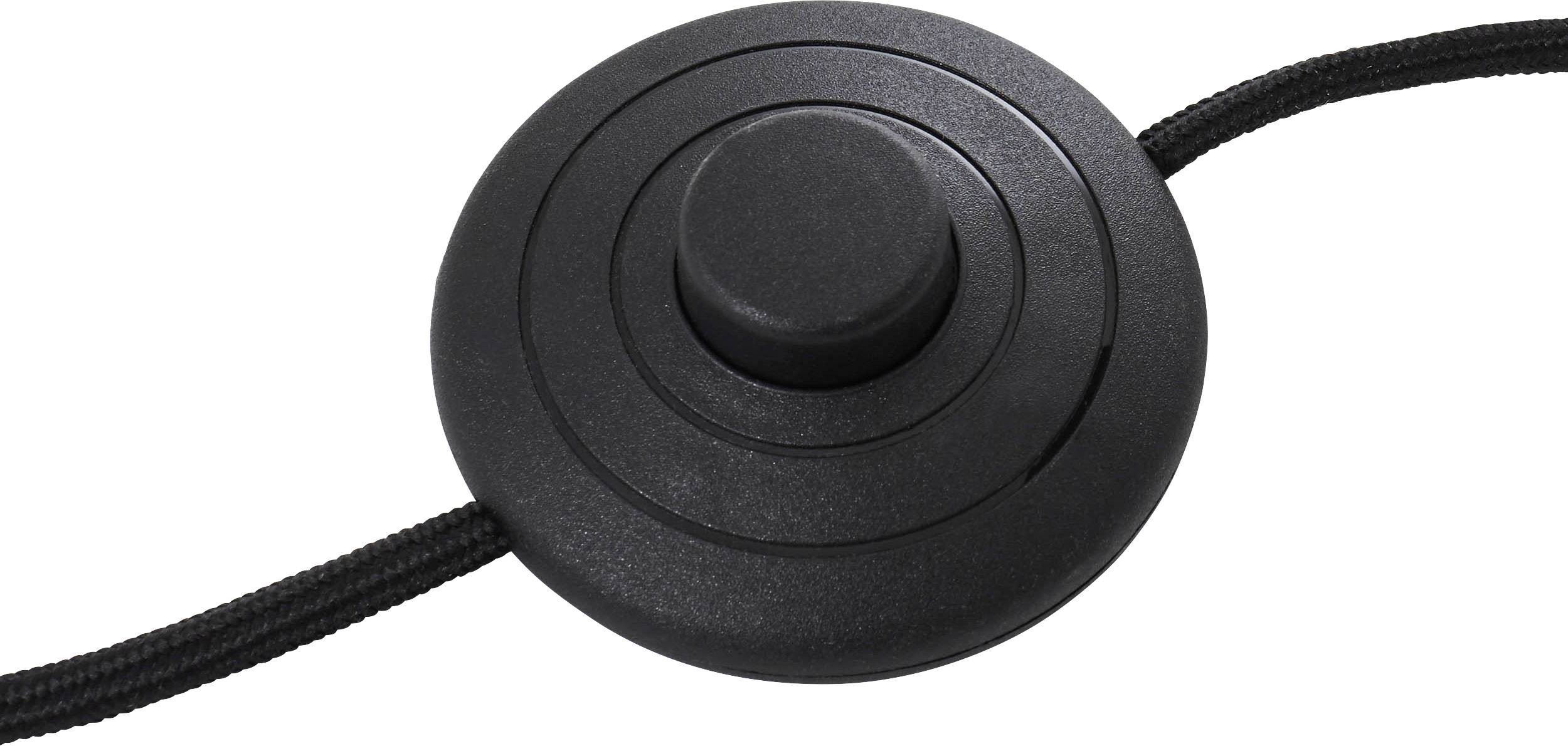 'Commutateur au pied rond noir avec deux câbles fixés, un bouton de commande surélevé au centre.'