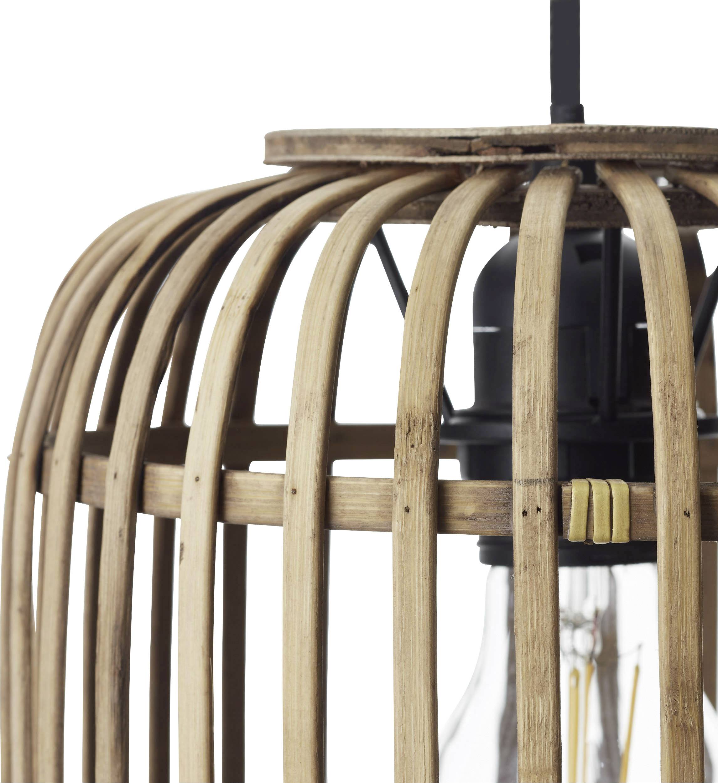 Gros plan d'une suspension en bois avec une ampoule à l'intérieur. Les baguettes de bois sont disposées parallèlement et entourent l'ampoule.