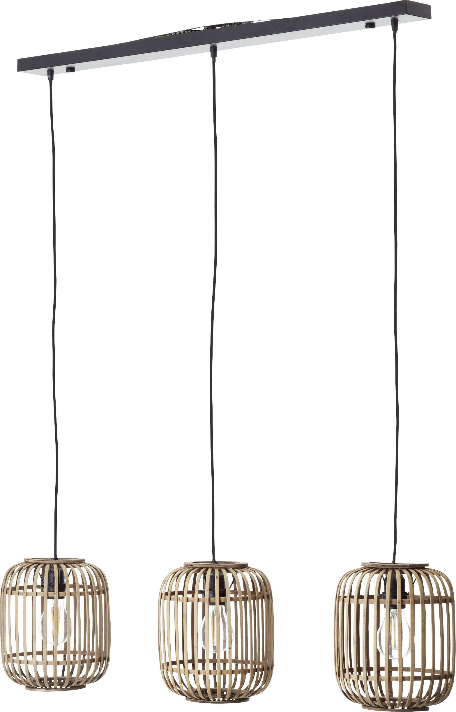 Trois lampes suspendues en rotin avec des câbles noirs fixées à une structure rectangulaire en métal.