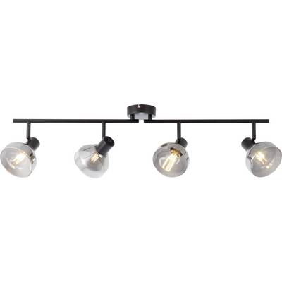 Plafonnier quatre spots en métal noir avec abat-jour transparents, diffusant une lumière chaleureuse.