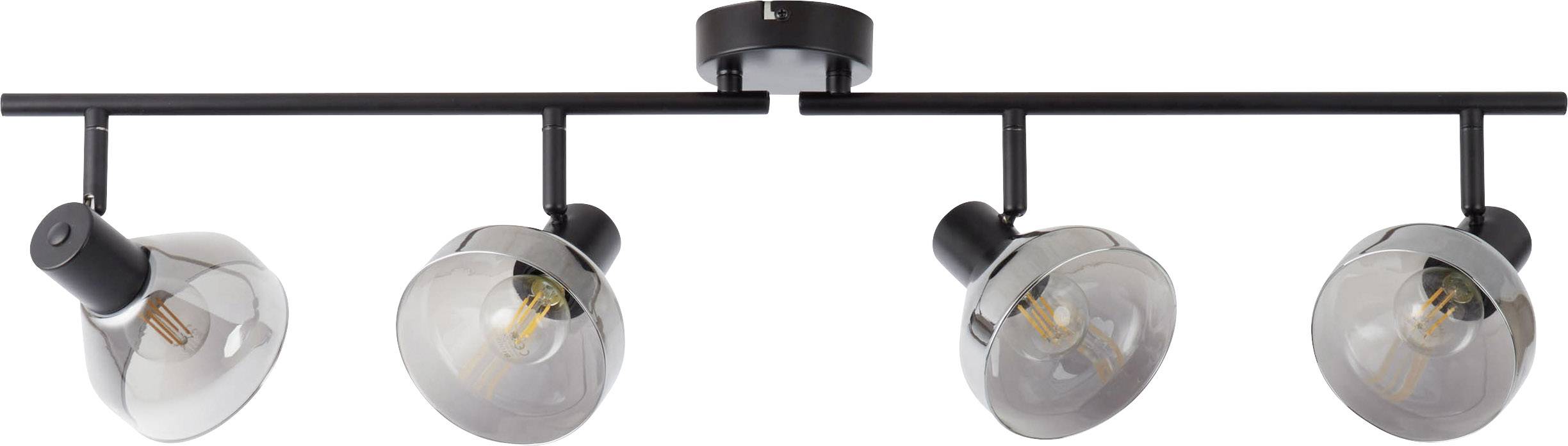 Quatre projecteurs noirs au plafond, orientés à différents angles, avec des ampoules apparentes et des réflecteurs métalliques brillants.