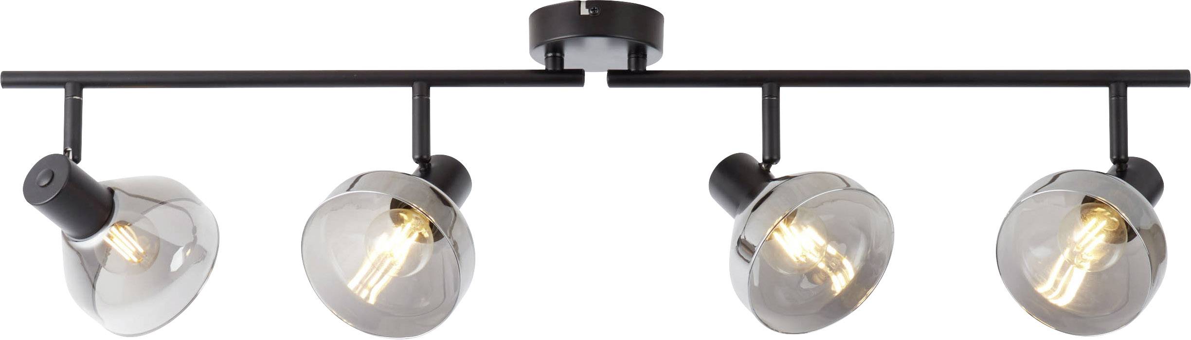 Spot de plafond à quatre branches avec tiges noires et abat-jours orientables finition chrome pour un éclairage directionnel.