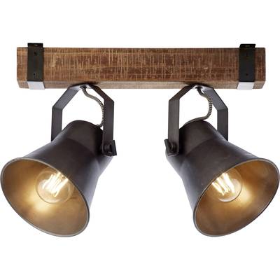 Deux lampes industrielles à boîtier métallique et ampoules, fixées sur une poutre en bois rustique, diffusent une lumière chaleureuse.