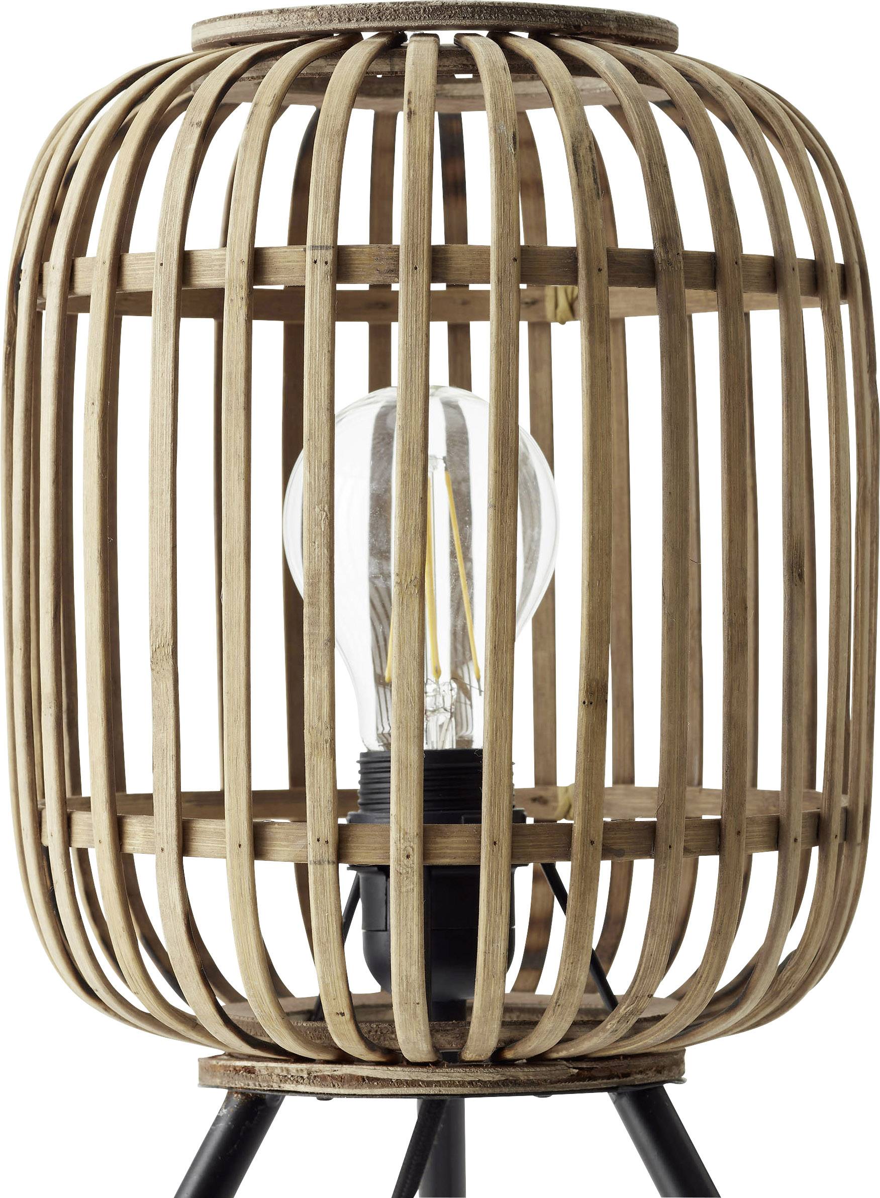 Une lampe de table avec une ampoule visible, entourée d'un cadre décoratif ouvert en bois, dans un design évoquant une cage.