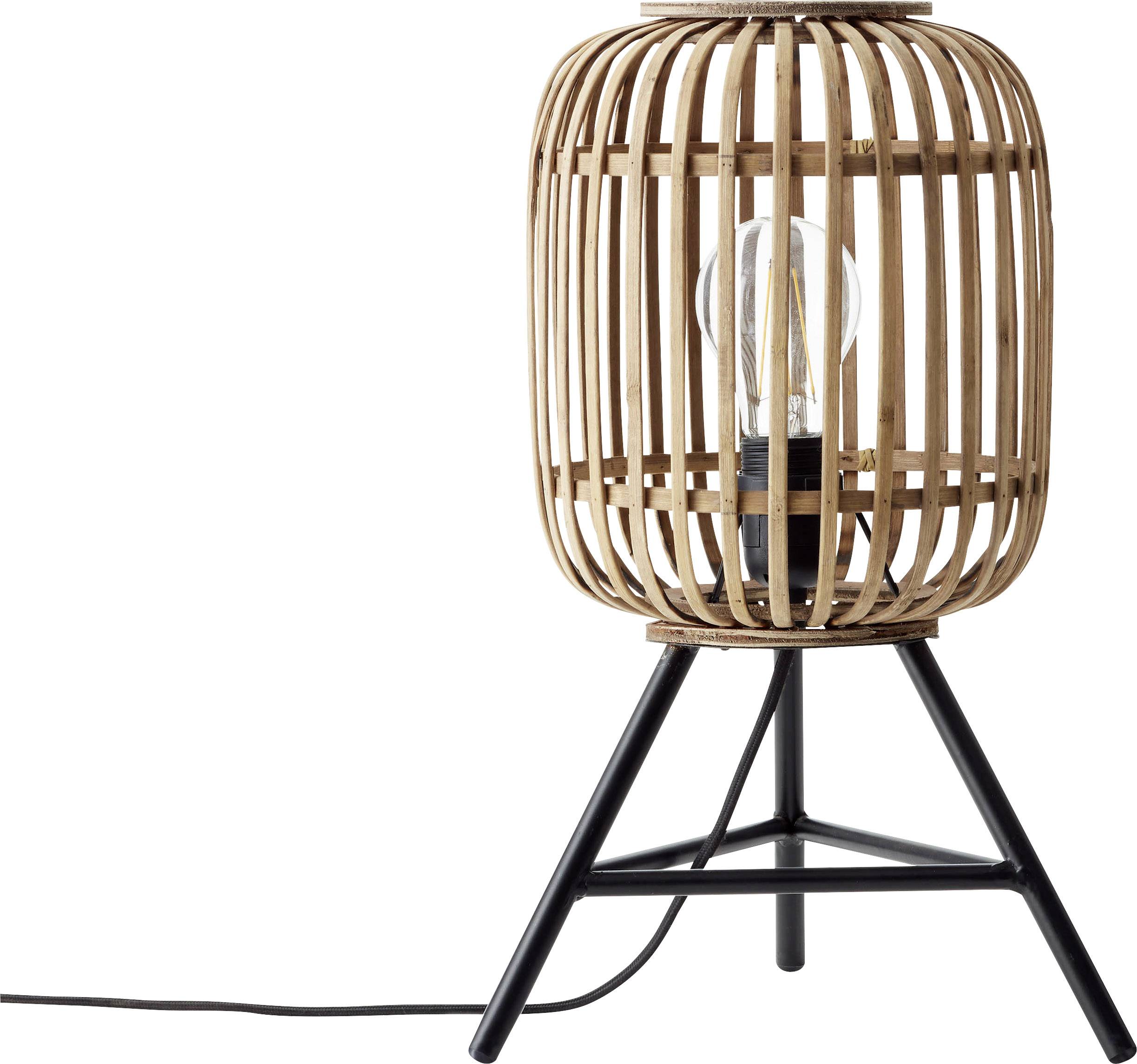 Une lampe de table élégante avec un abat-jour rond de style cage en bambou, reposant sur un support tripode en métal noir.