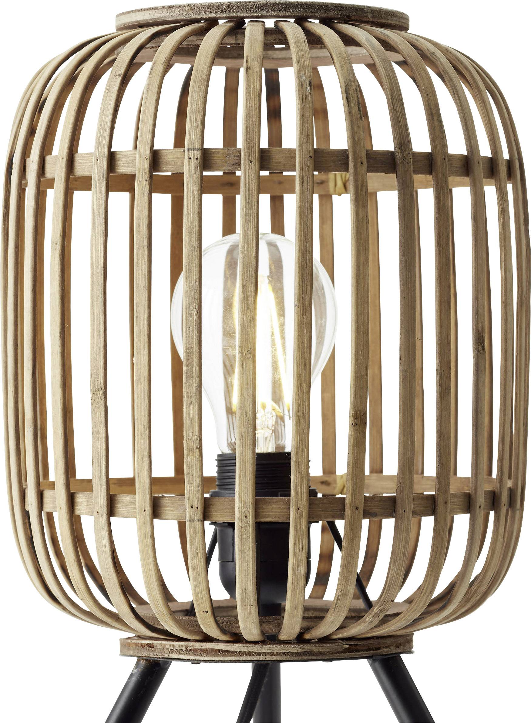 Lampe de table en bois avec tiges rondes et ampoule visible à l'intérieur.