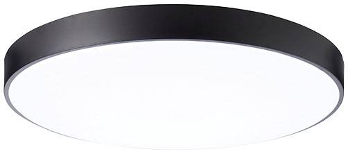 Plafonnier rond à bordure noire et lumière blanche diffuse, adapté à une décoration intérieure moderne.