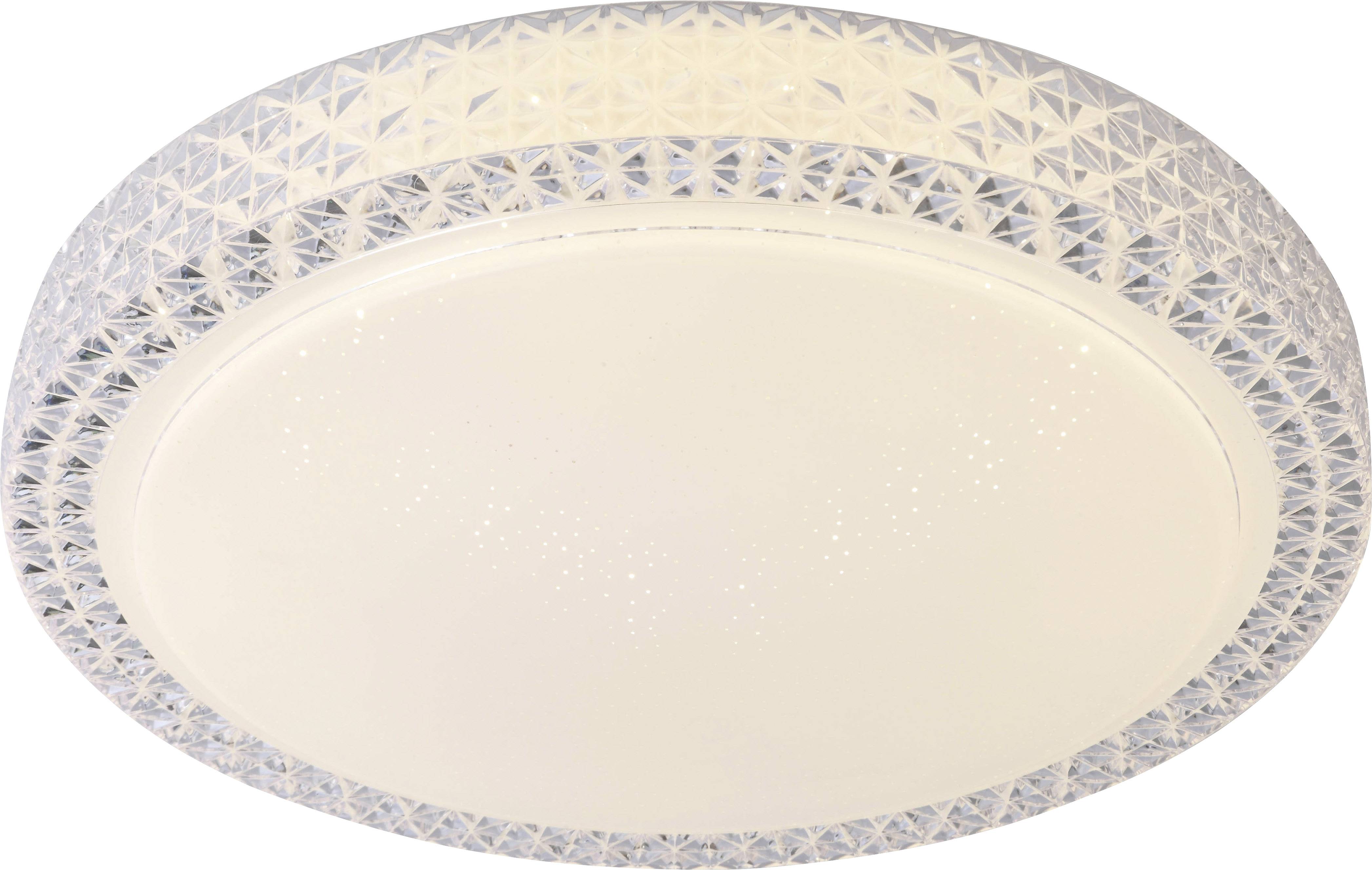 Plafonnier rond avec un cadre décoratif givré et une zone centrale blanche qui diffuse doucement la lumière.