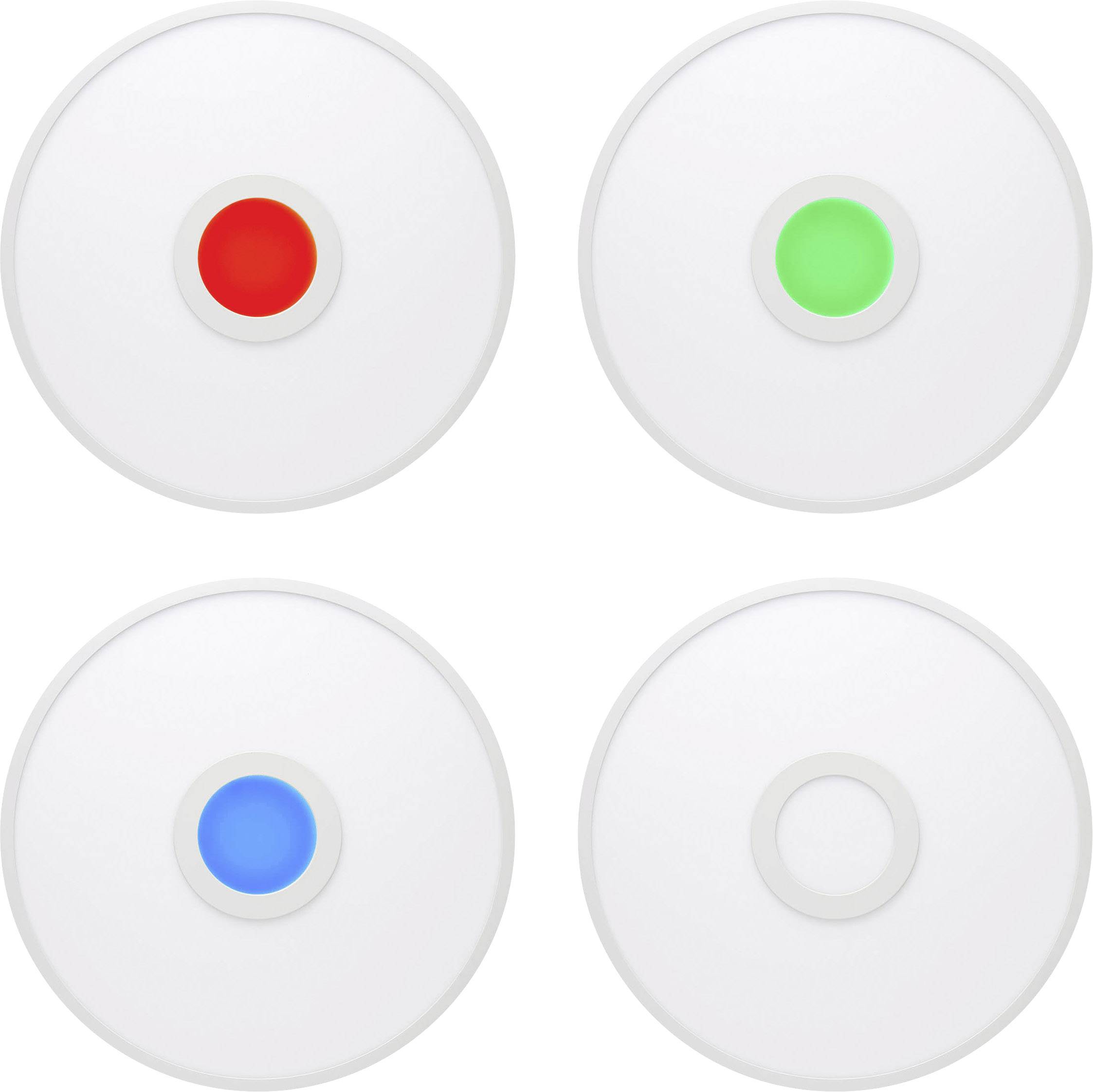 Quatre touches rondes : rouge en haut à gauche, vert en haut à droite, bleu en bas à gauche, blanc en bas à droite.