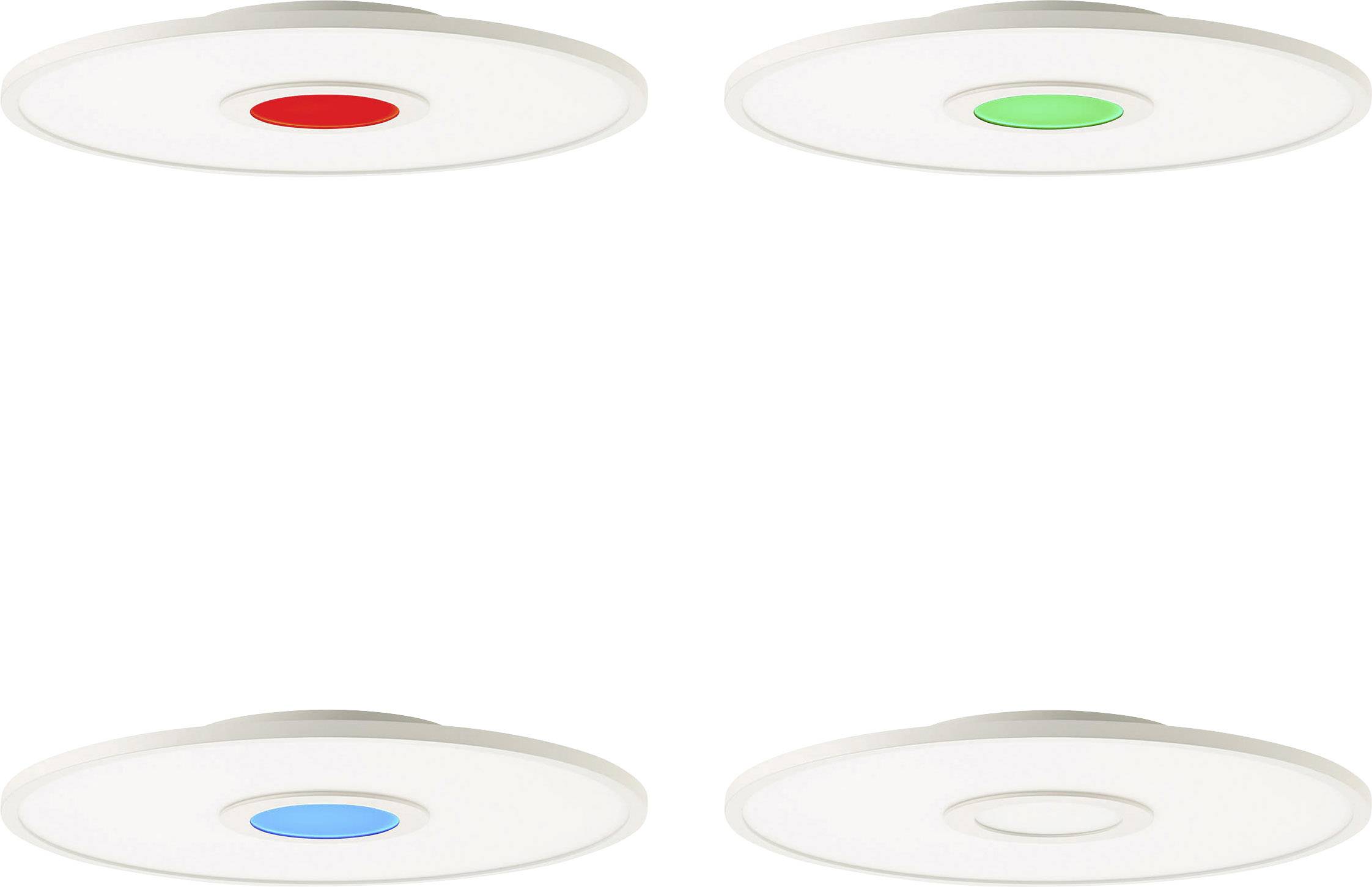 Quatre luminaires circulaires encastrés ; en haut à gauche, la lumière est rouge, en haut à droite verte, en bas à gauche bleue, en bas à droite blanche.