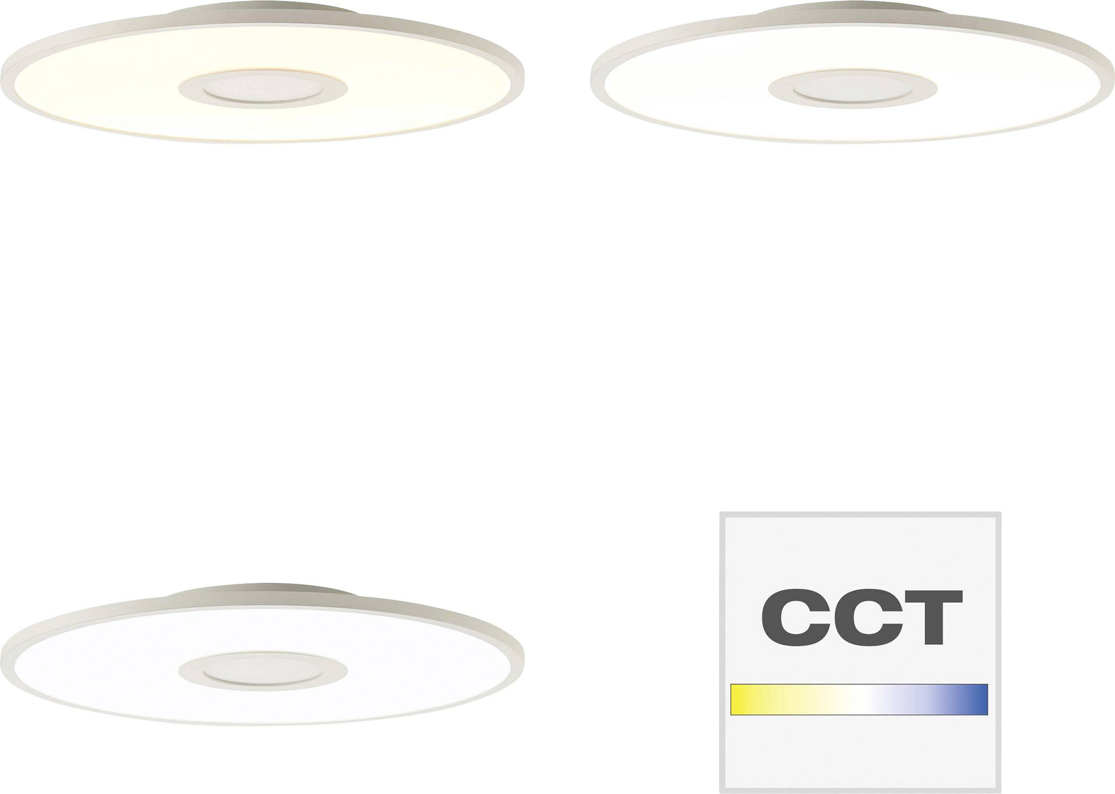 Trois luminaires circulaires au plafond avec différentes nuances de blanc et un symbole CCT représentant les niveaux de température de couleur du blanc chaud au blanc froid.