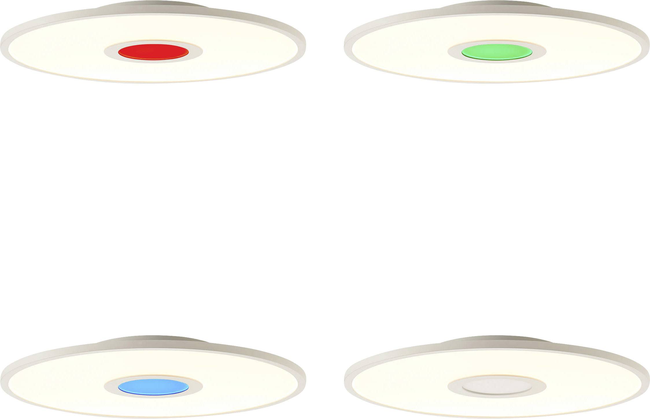 Quatre luminaires ronds au plafond avec des couleurs différentes au centre : rouge, vert, bleu et blanc.
