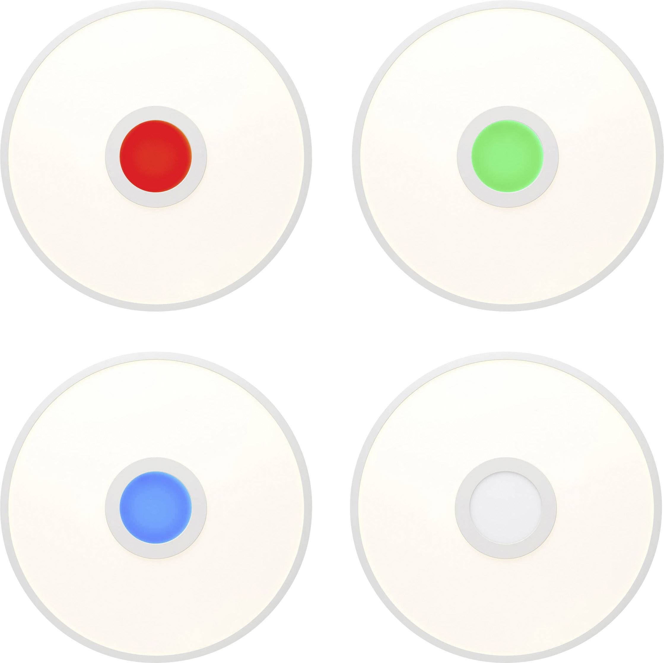 Quatre boutons ronds : rouge en haut à gauche, vert en haut à droite, bleu en bas à gauche, gris en bas à droite, sur un fond clair.