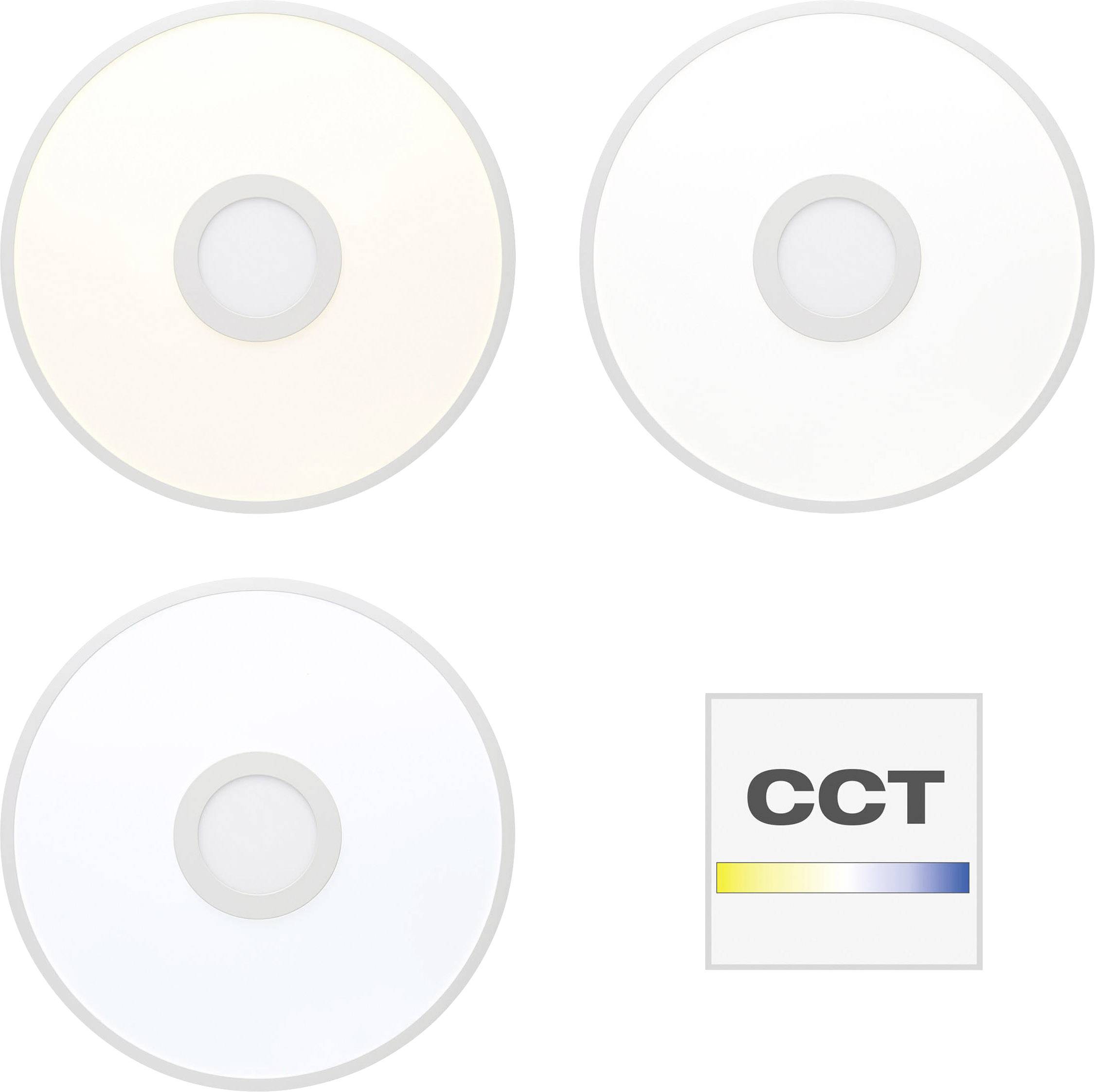 Trois CD dans différentes tonalités lumineuses (chaude, neutre, froide) illustrent la différence de température de couleur. Étiquette 'CCT' avec échelle de couleurs en bas à droite.
