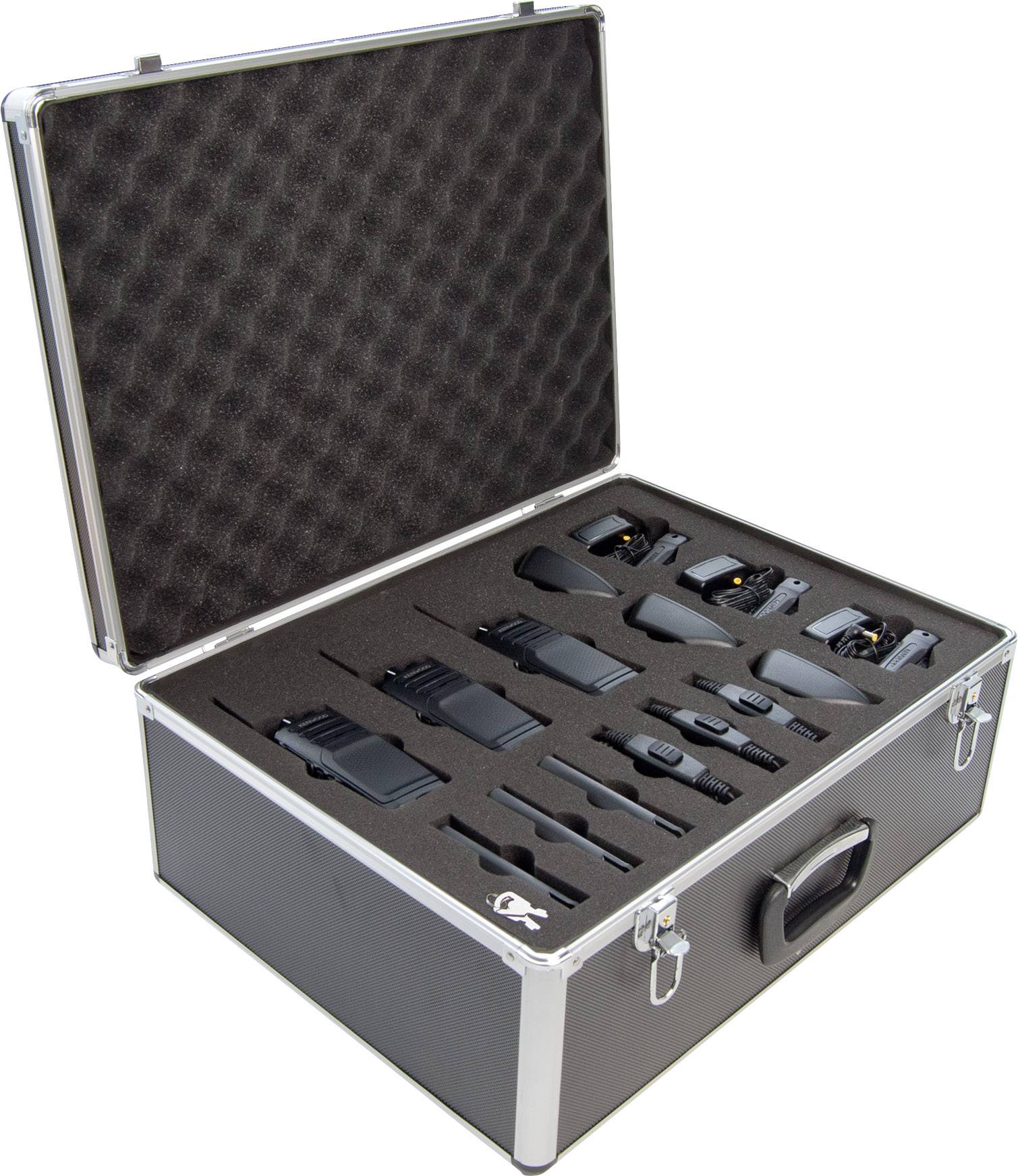 Une valise noire ouverte contenant divers appareils et accessoires bien ajustés ; les équipements sont disposés de manière organisée.