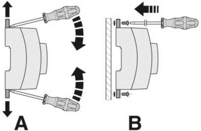 Le diagramme montre le réglage d'un mécanisme à l'aide d'un tournevis. La partie A se déplace verticalement, la partie B tourne horizontalement.