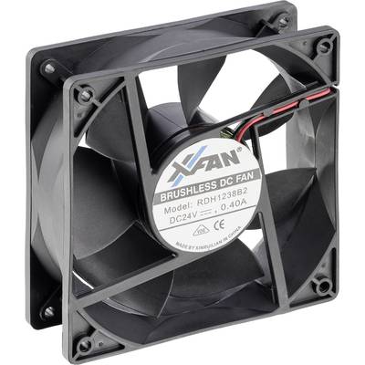 Ventilateur noir carré de type brushless, avec une étiquette indiquant 'BRUSHLESS DC FAN, Modèle : RDH1238B2, DC24V, 0,40A'.