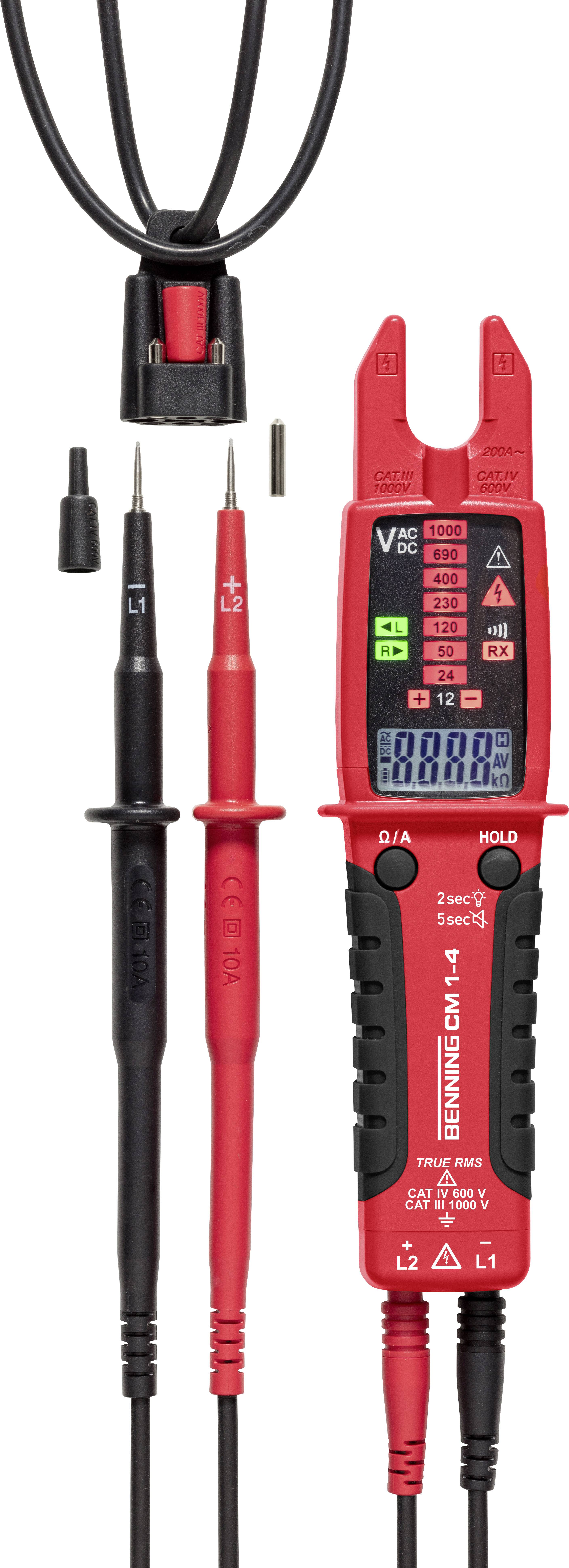 Un appareil de test électrique rouge avec affichage numérique. Comprend des cordons de mesure amovibles en noir et rouge et des détails pour la mesure de tension.