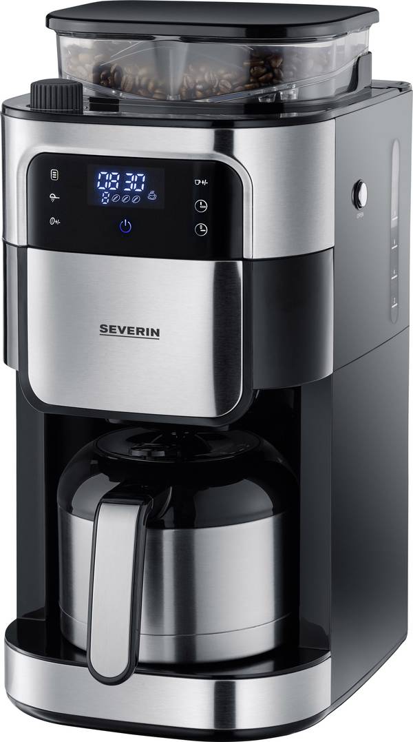 Severin Filterkaffeemaschine mit Mahlwerk und Edelstahl-Thermokanne, Cafetière noir, acier inoxydable (brossé)  Nombre de tasse=8 écran, verseuse thermofuge, avec broyeur, minuteur, fonction de conservation de la chaleur, avec fonction café filtre