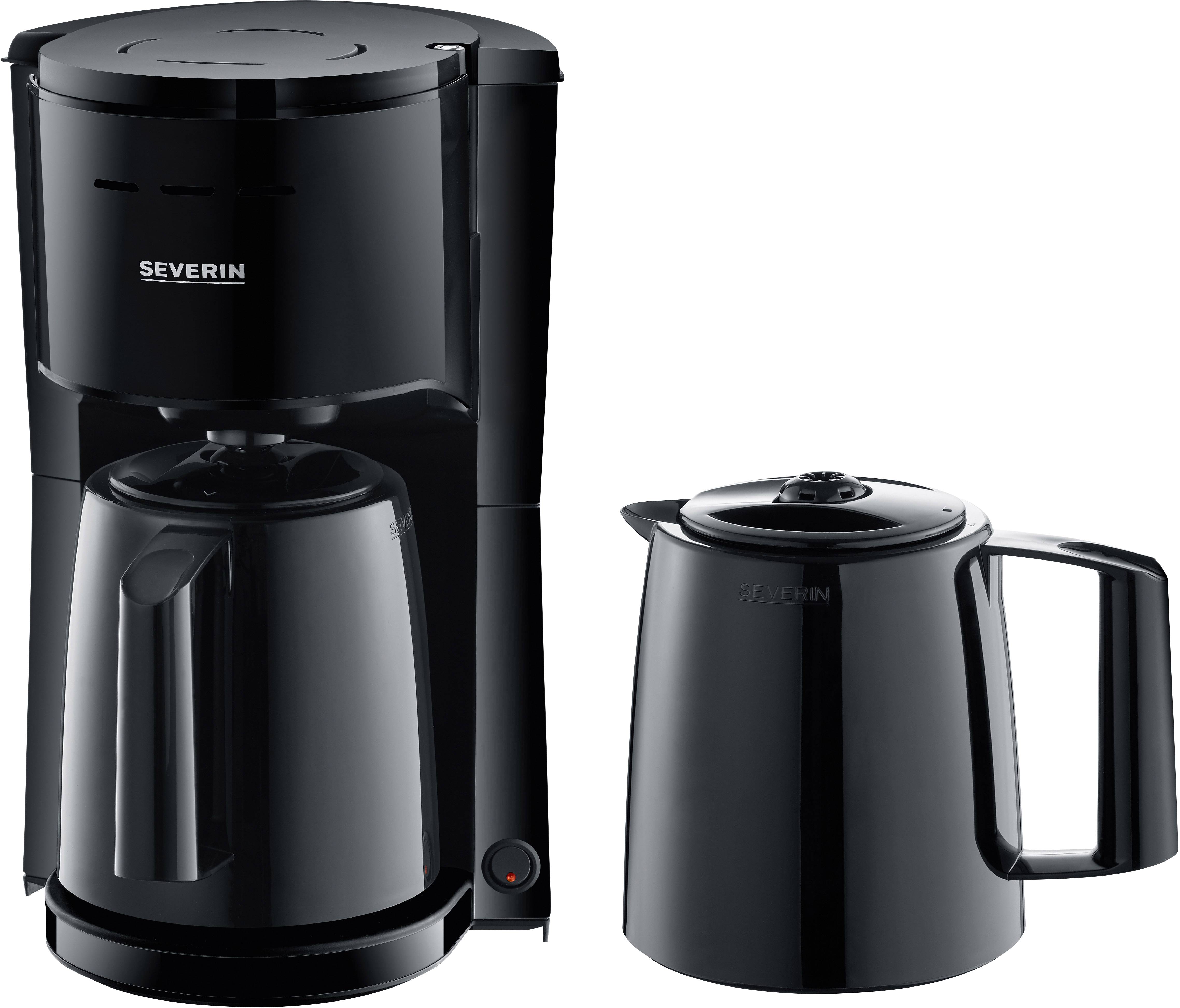 Une machine à café filtre noire à côté d'une carafe isotherme. Les deux appareils arborent un design moderne.