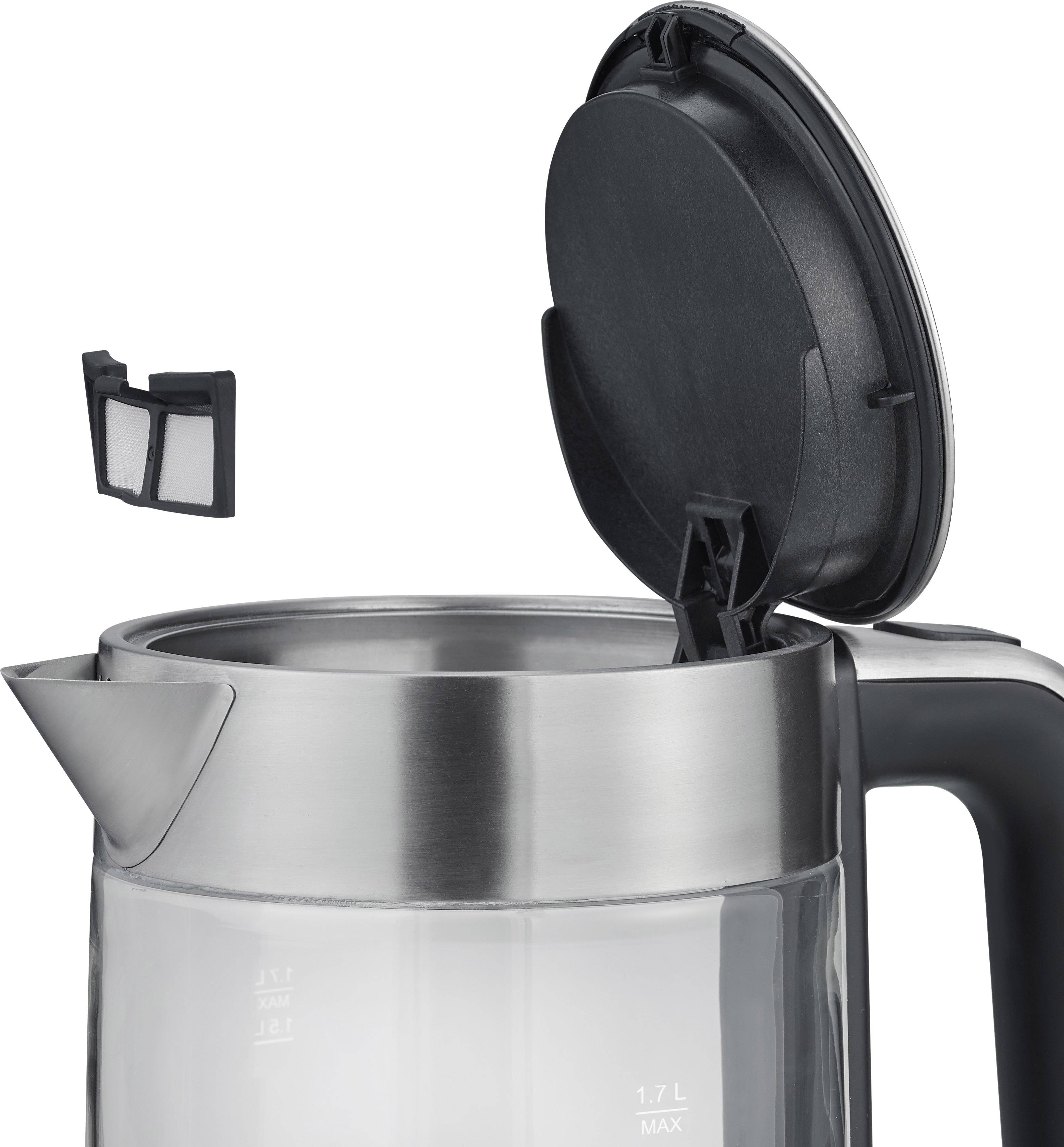 Une bouilloire en acier inoxydable avec couvercle ouvert et filtre amovible. Capacité : 1,7 litres.