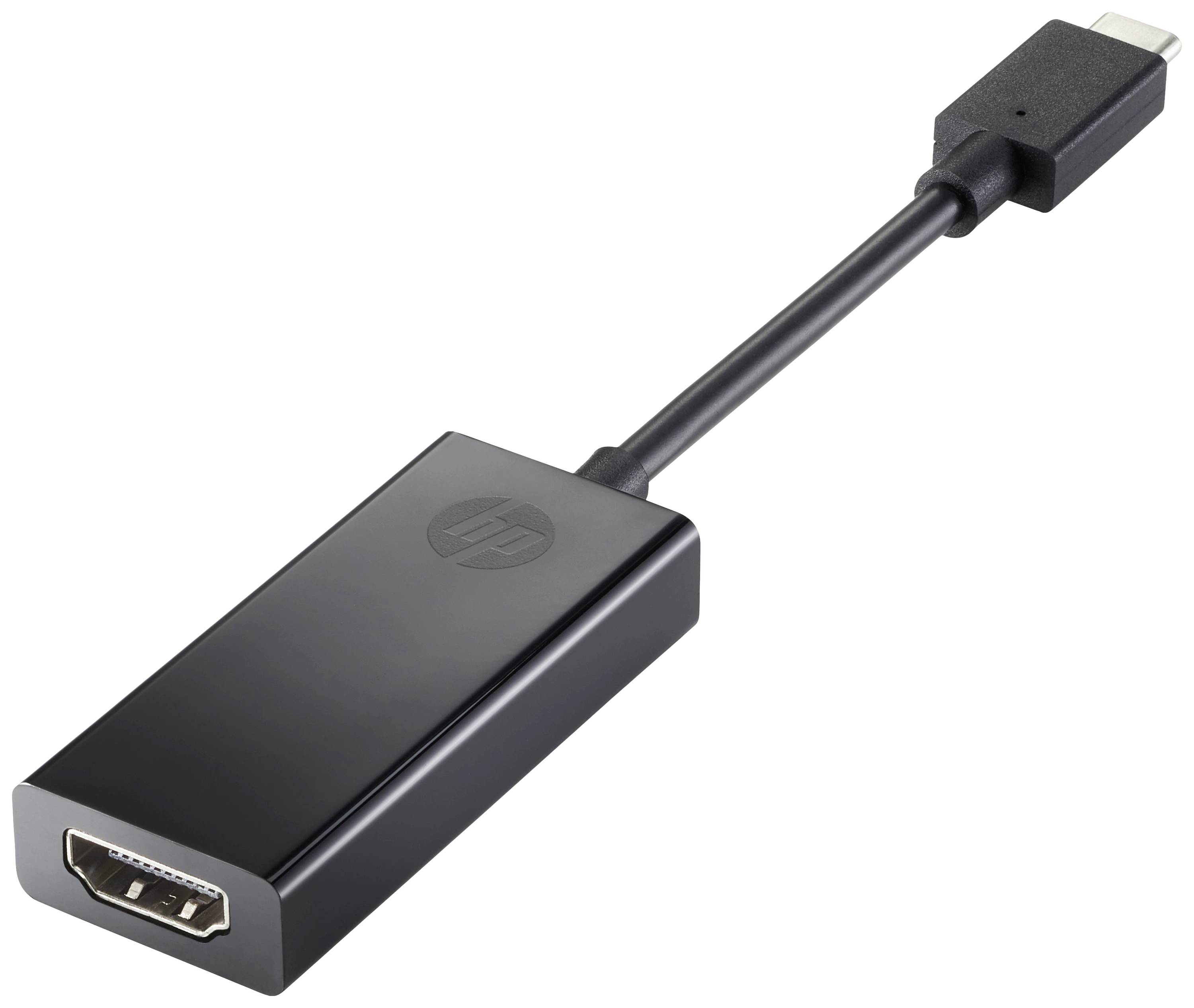 Adaptateur noir avec port USB-C d'un côté et connecteur HDMI de l'autre. Marqué du logo HP.
