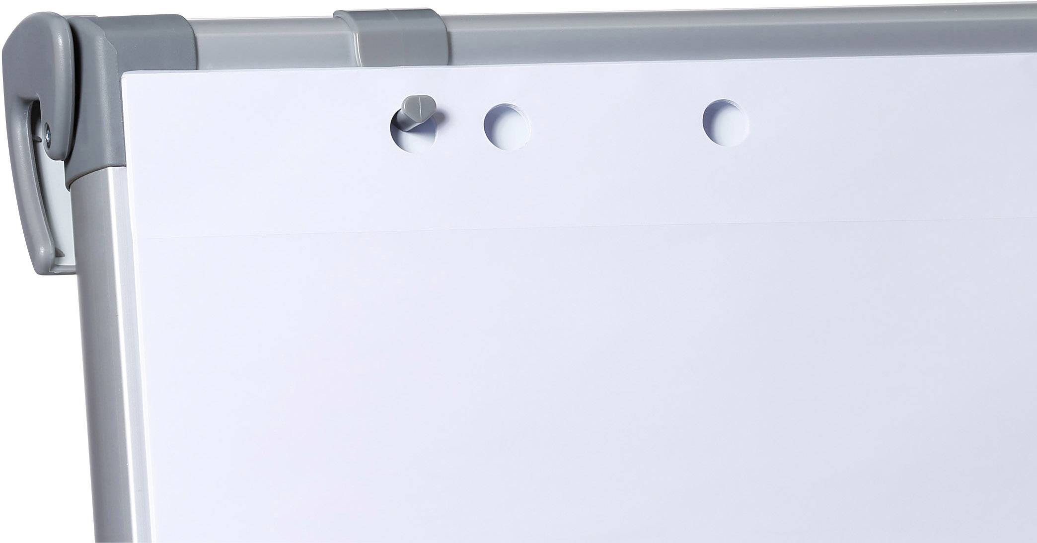 Partie supérieure d'un tableau à feuilles blanches avec une bordure grise et des éléments de fixation.