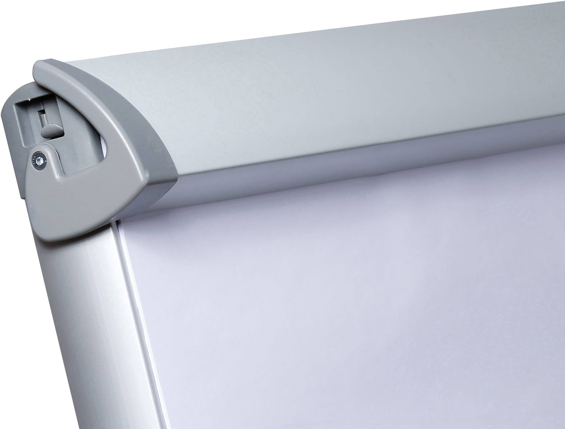 Un coin de tableau blanc à chevalet, encadré d'un cadre argenté, montre une petite partie de sa surface vierge de tout texte.