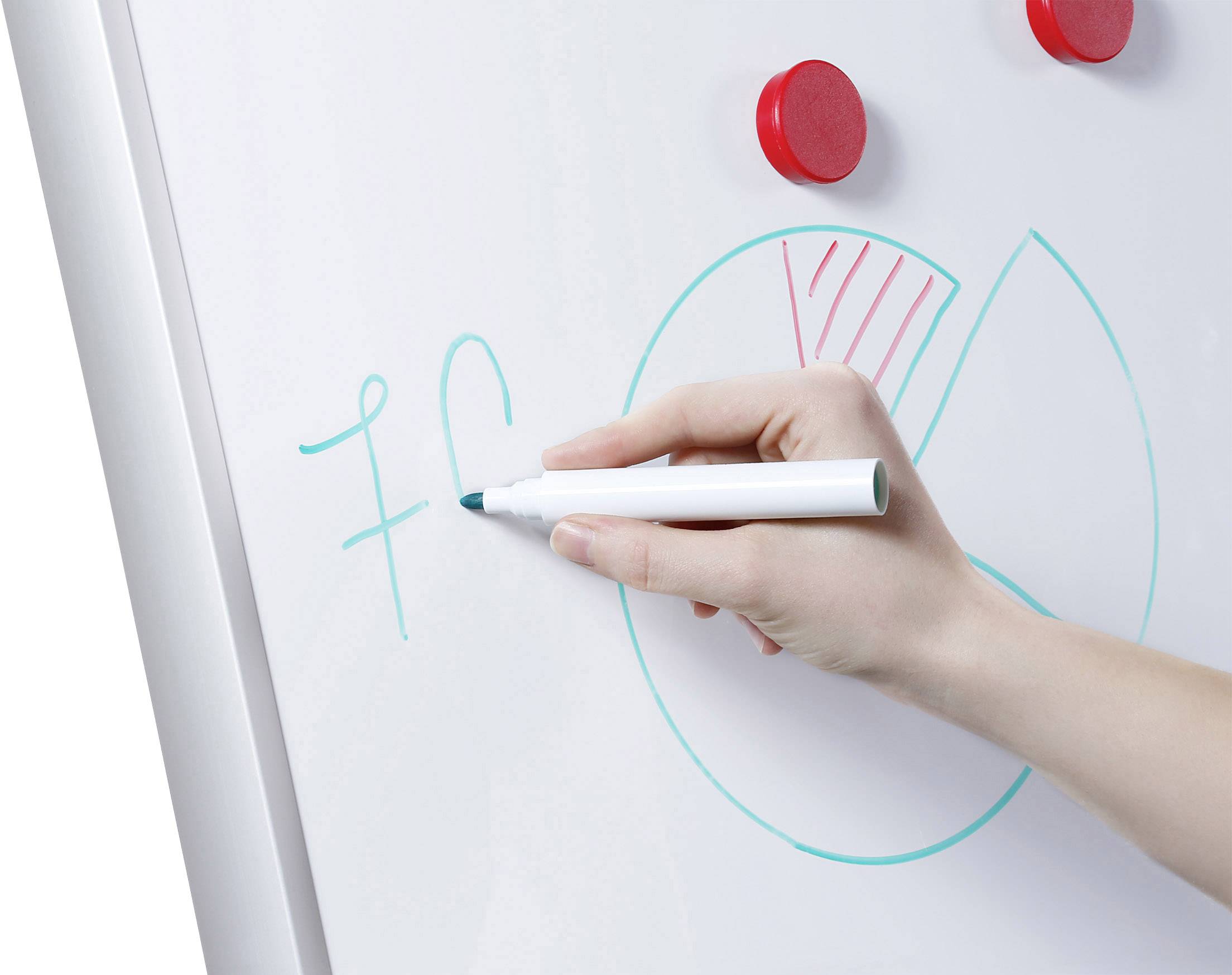 Une main écrit avec un marqueur sur un tableau blanc. En arrière-plan, une section de diagramme circulaire dessinée est à côté d'aimants rouges.