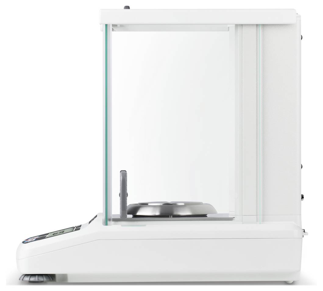 Balance électronique de laboratoire avec parois en verre, permettant des mesures précises de petits échantillons. Principalement utilisée dans la recherche scientifique.