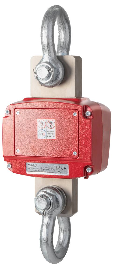 Une balance-grue rouge avec un grand crochet et des avertissements de sécurité sur la face avant, adaptée aux opérations de levage industrielles.