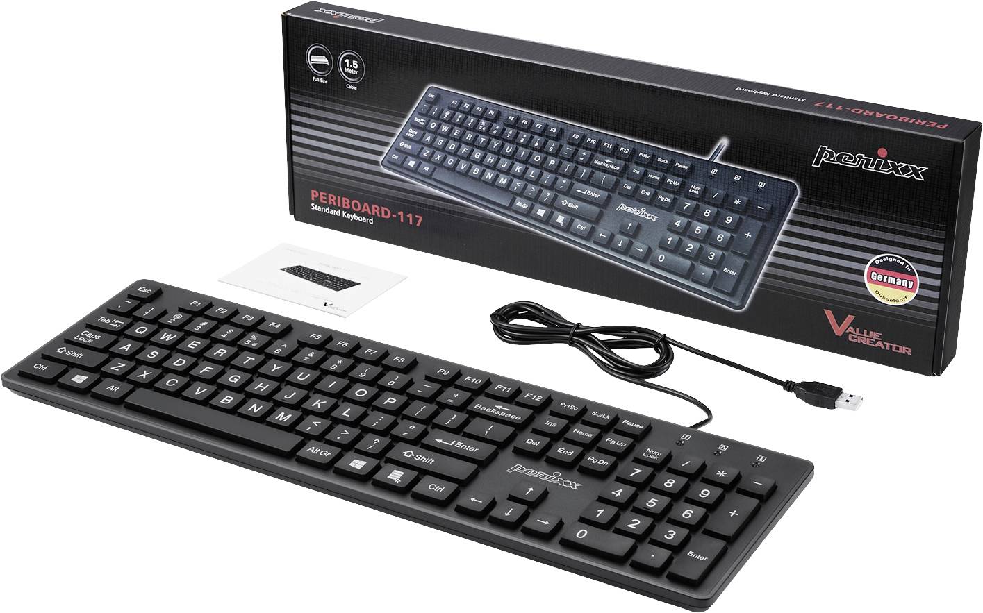 Clavier d'ordinateur noir avec pavé numérique. L'emballage affiche la marque et le numéro de modèle. Câble USB fourni pour la connexion.