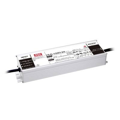 Un bloc d'alimentation LED rectangulaire argenté de la marque MEAN WELL, modèle HLG-150H-24. Des détails techniques sont imprimés sur sa face supérieure.