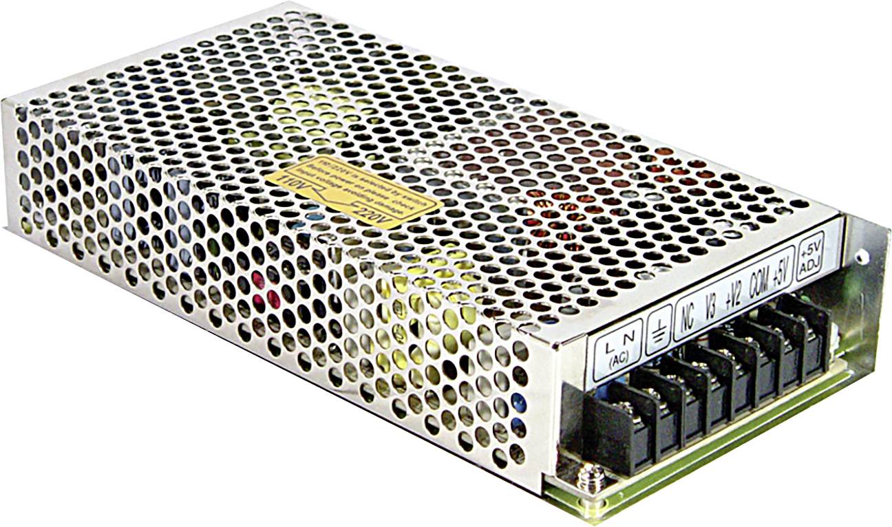 Unité d'alimentation électrique en courant continu métallique avec ventilation en nid d'abeilles. Plusieurs bornes de connexion visibles à l'avant.